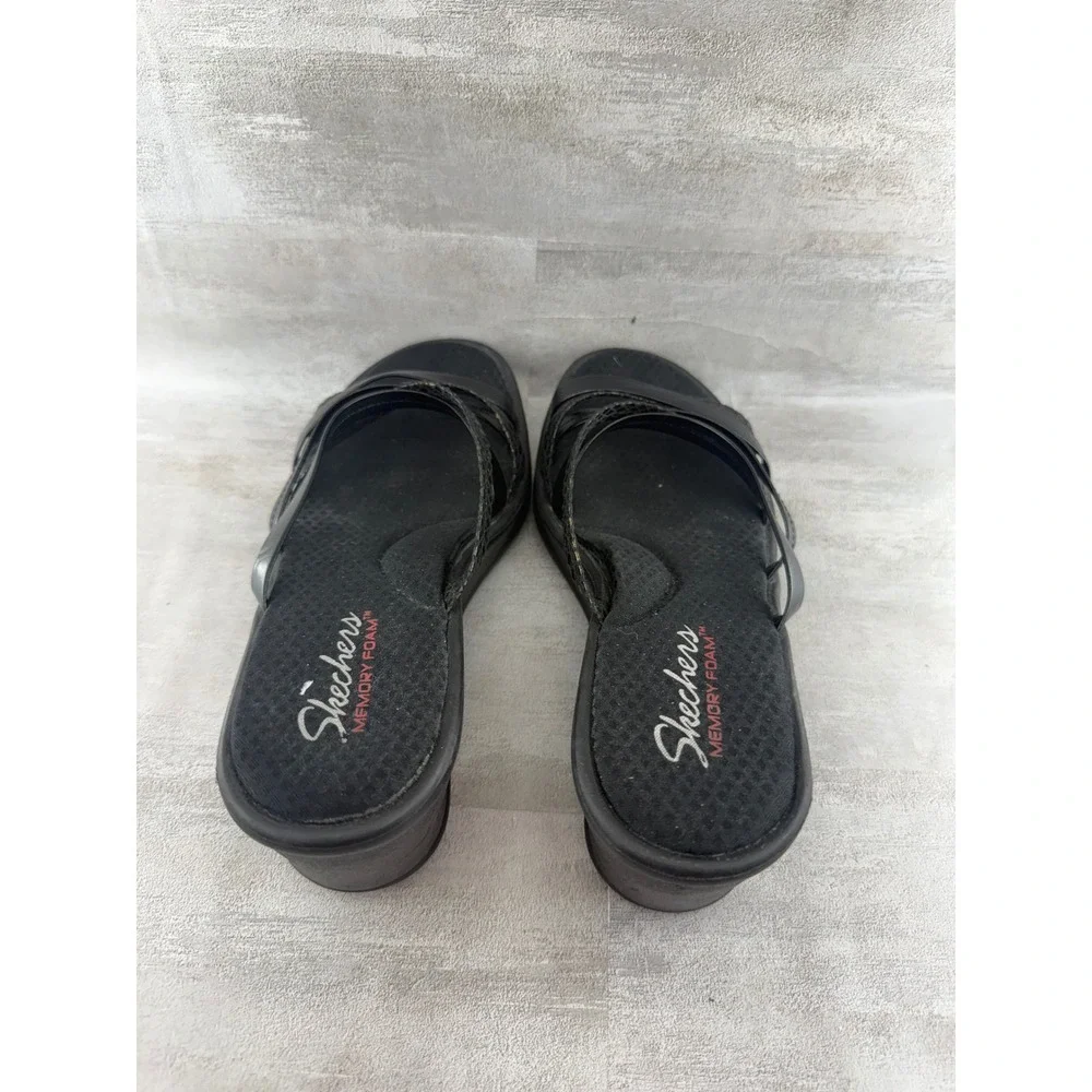 Skechers Women Black Snakeskin Strappy Memory Foam Wedge Sandals Size 8